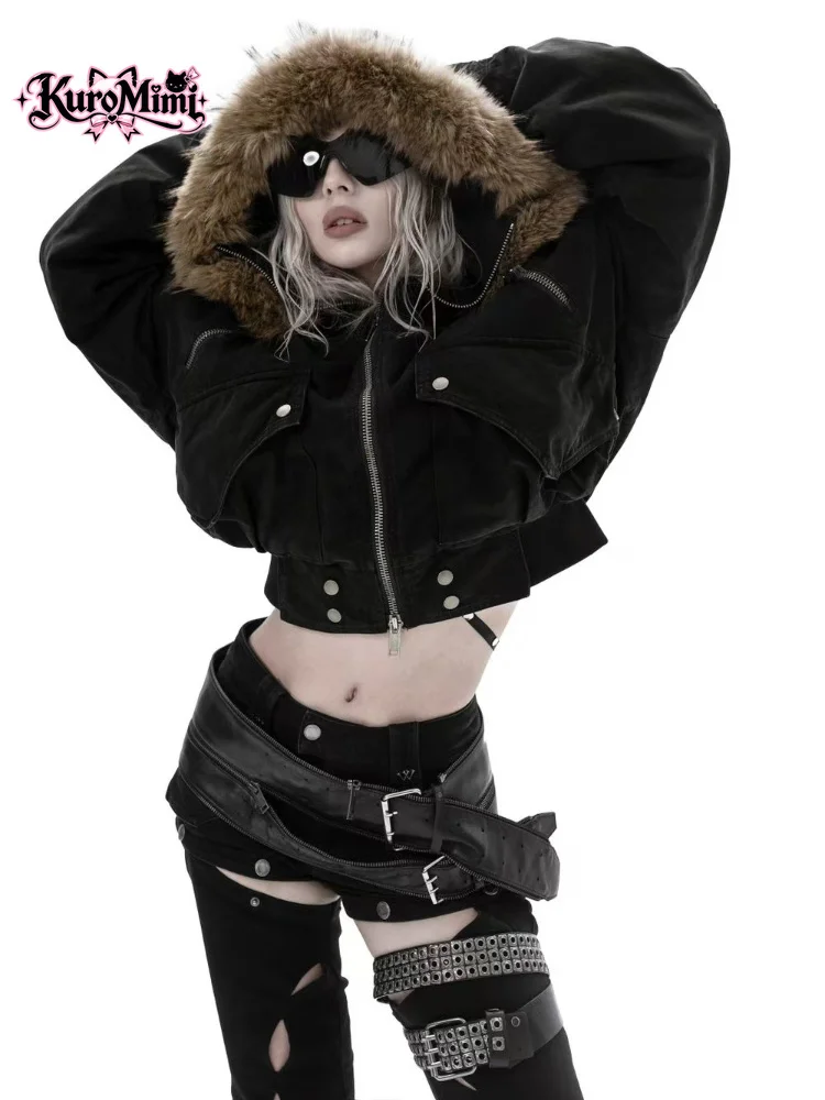 Unisex Winter Jacket Faux Fur Collar Cropped Workwear Coat Harajuku Y2K Streetwear Thick Warm Loose Fit Vintage Casual Outerwear
