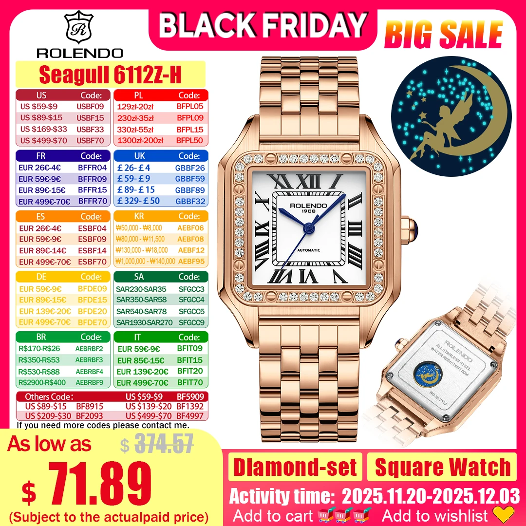 ROLENDO Luxus-Gold-Quadratuhr für Santos, 33 mm, Diamantbesetztes Saphirglas, römische Skala, 5 ATM, automatische Damen-Armbanduhr, Geschenk