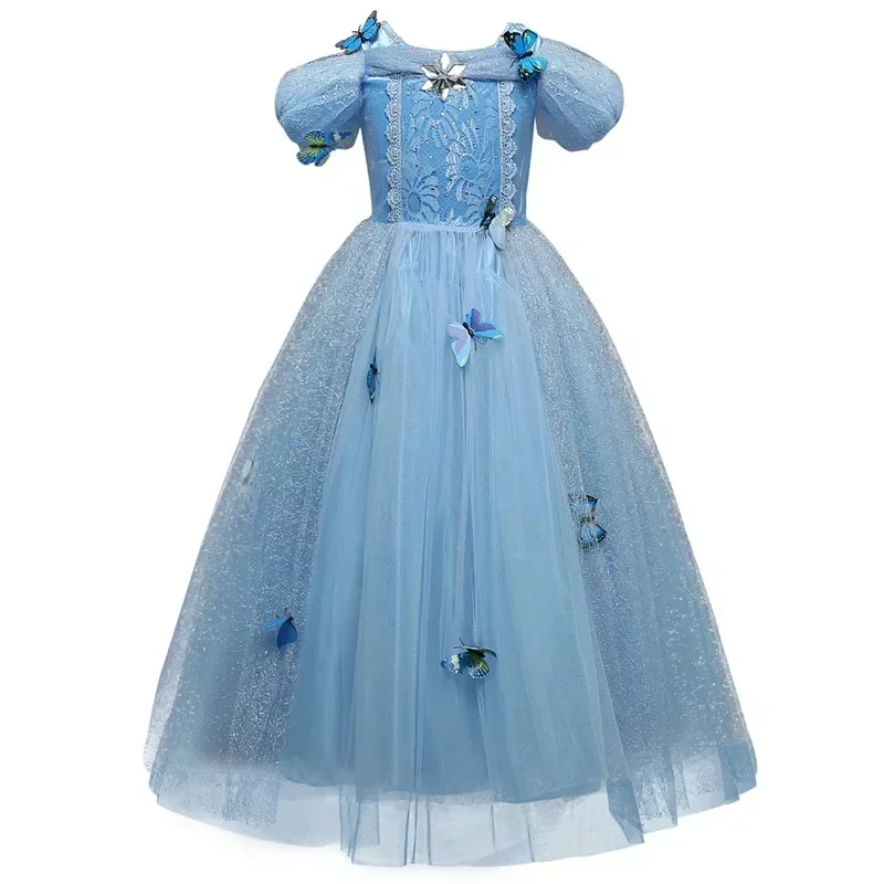 Cinderella Cosplay Costume Kids Clothes for Girl Butterfly Princess Dress with Crown Gloves Child Birthday Party Ball Gown 3-10Y