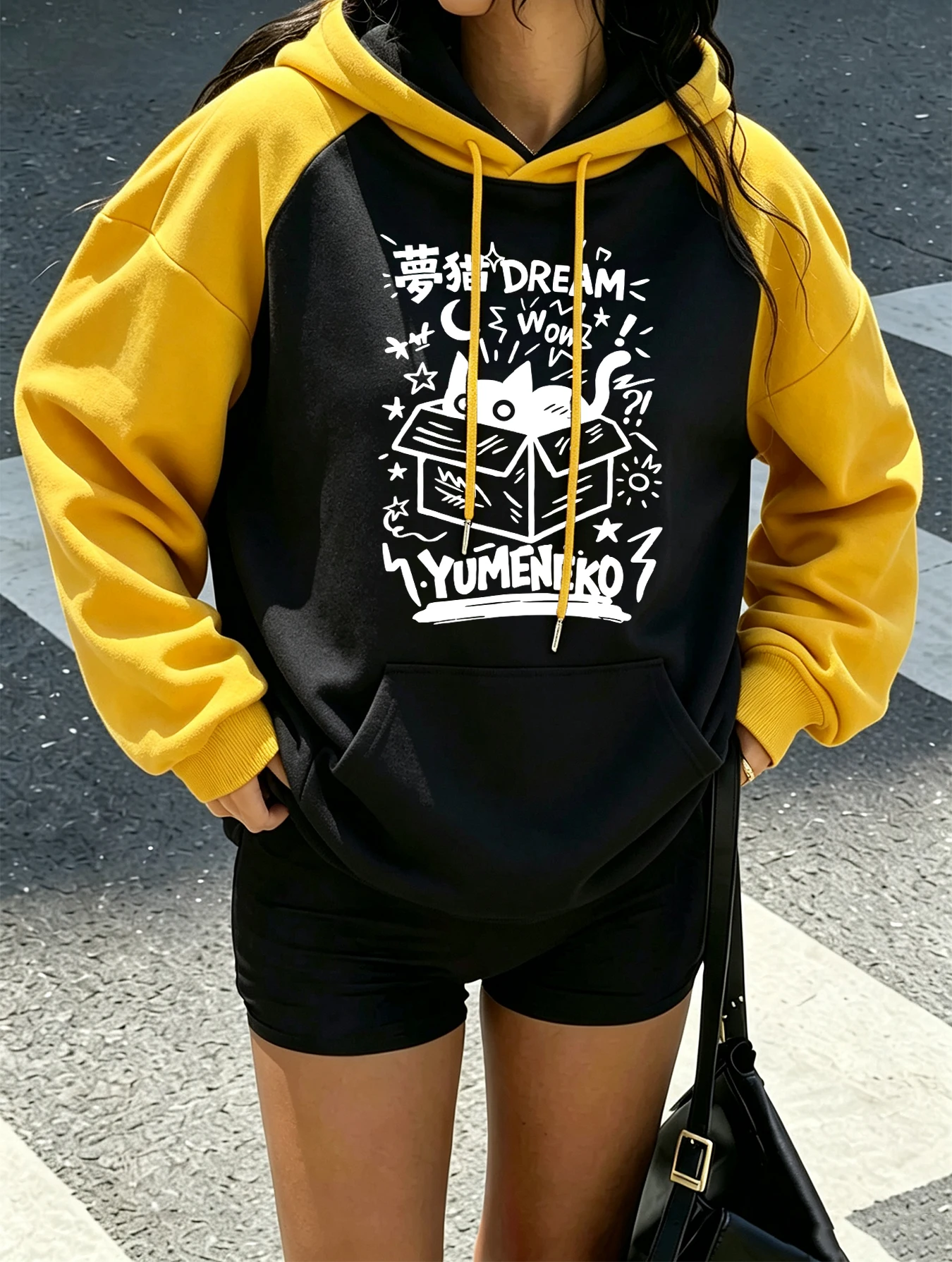 Wow Cartoon Dream Box Katze Bedruckte Damen Raglan-Hoodies Herbst Locker Sitzender Kapuzenpullover Y2K Taschen Streetwear Aktivitäts-Fleece-Hoodie