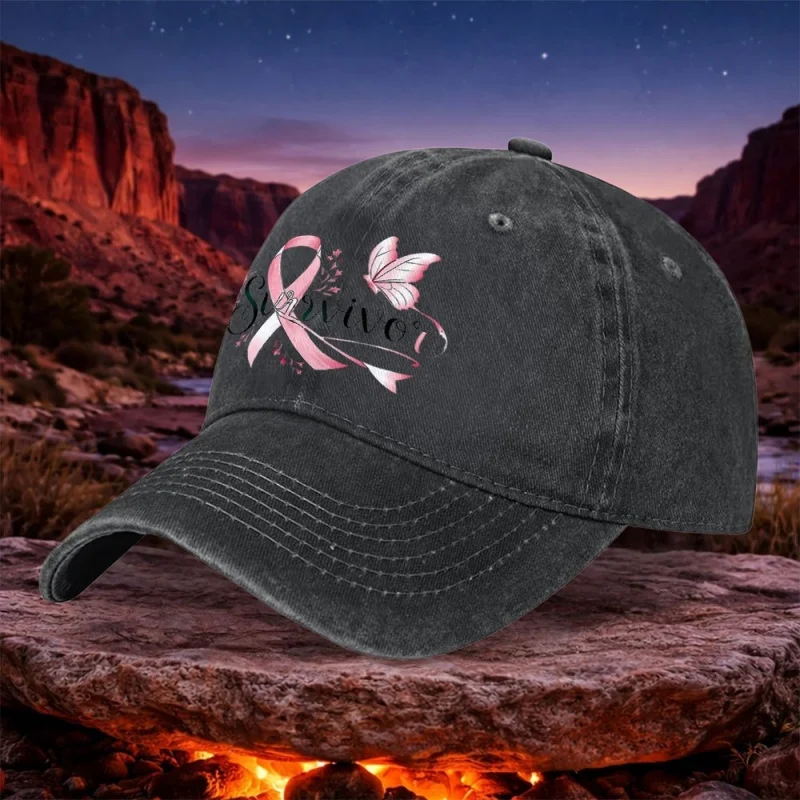 Breast Cancer Survivor Ribbon Vintage Unisex Washable Black Baseball Cap for Camping Hiking Sports Fishing