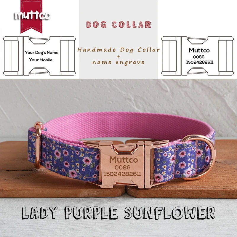 

MUTTCO engraved metal buckle collar LADY PURPLE SUNFLOWER personalized dog ID tag collar 5 sizes nameplate anti-lost pet UDC177