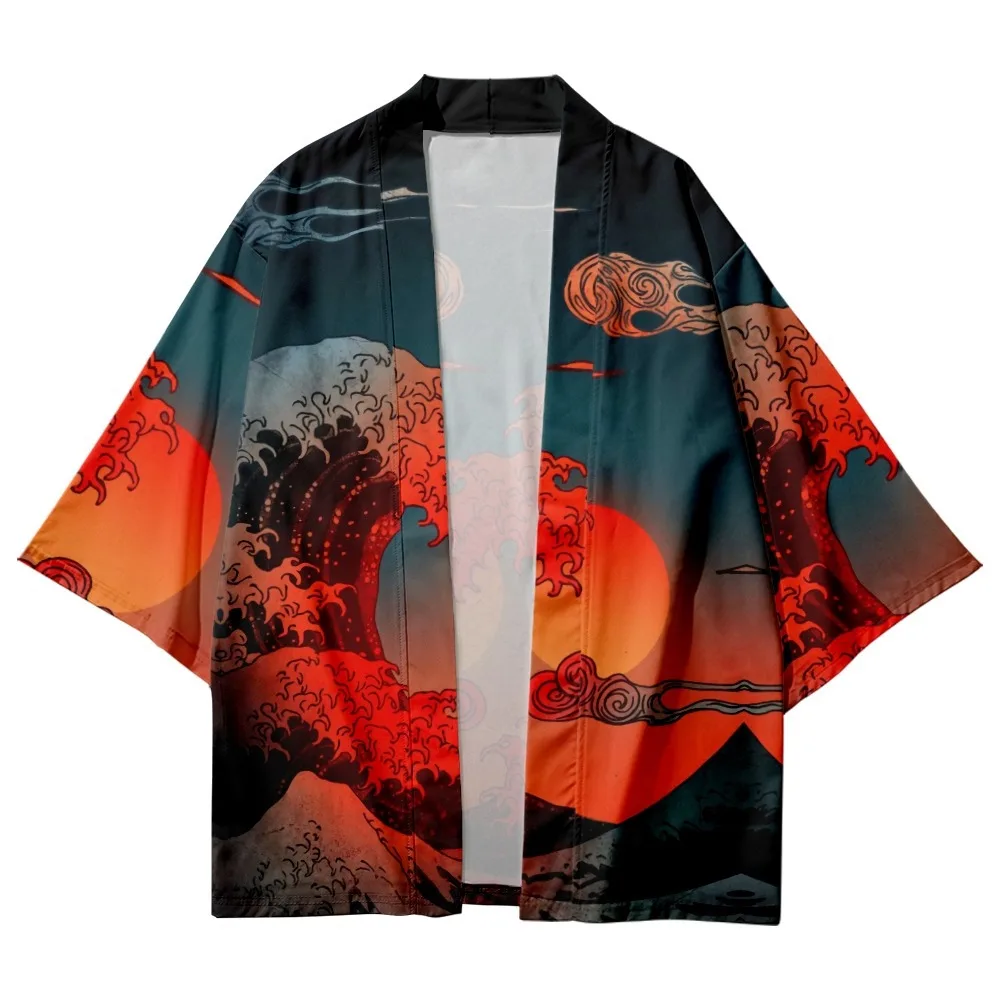 Kanagawa Waves Red Sun Print Japanese Traditional Kimono Men Women Yukata Cardigan Red Black Cosplay Haori Samurai Clothing