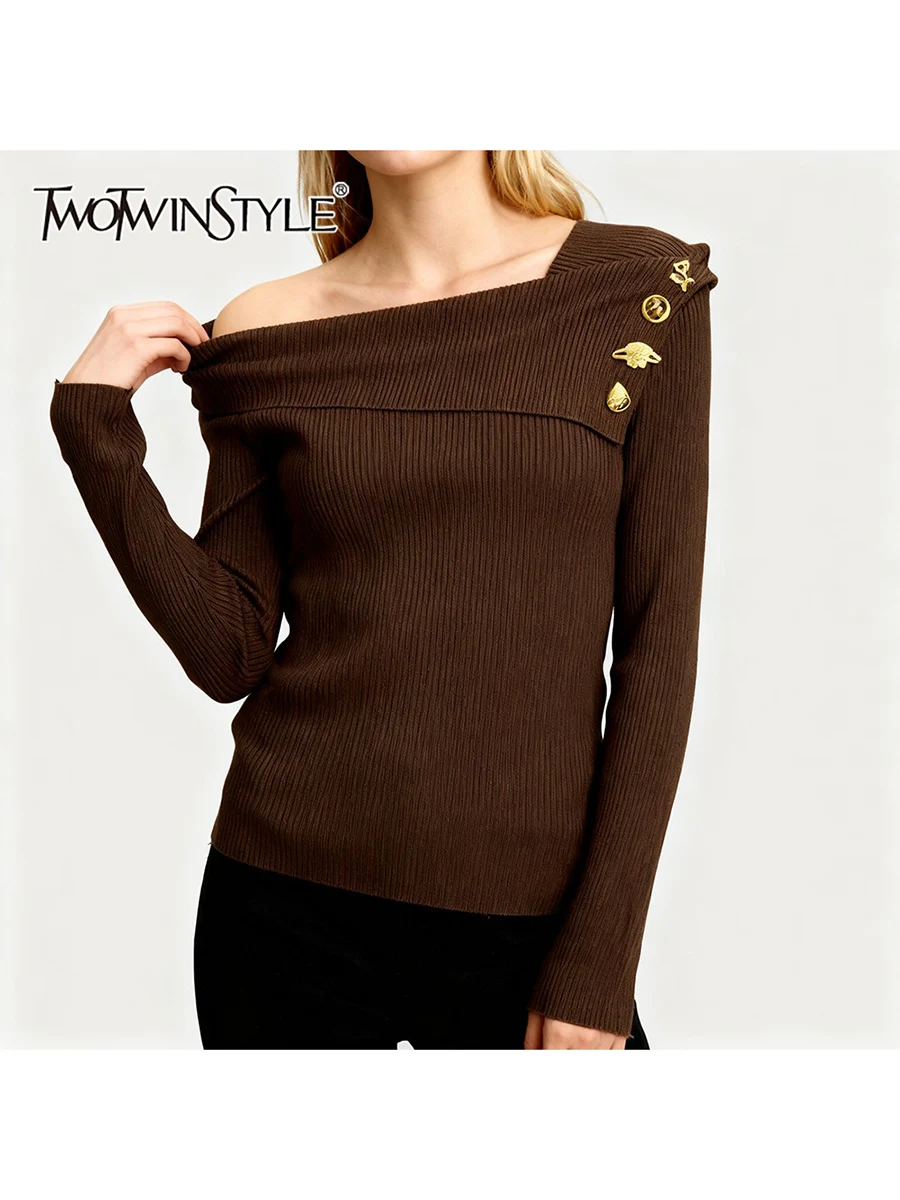 

TWOTWINSTYL Solid Slimming Spliced Sequined Elegant Sweaters for Women Square Neck Long Sleeves Basics Sweater Female Autumn New
