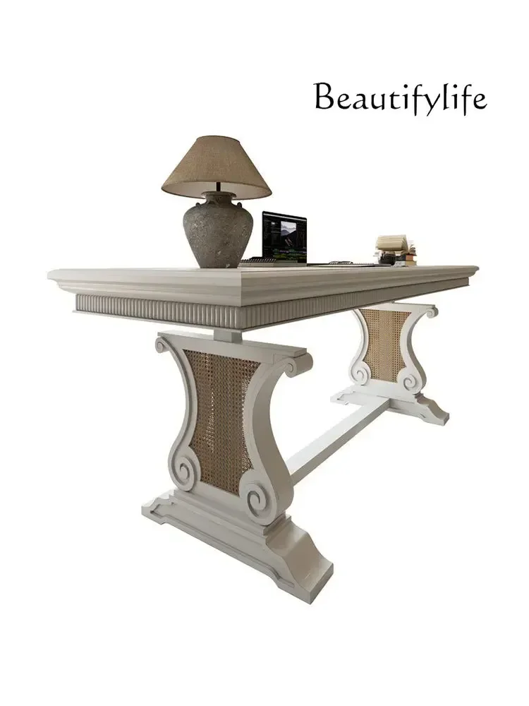 

American solid wood large desk French retro carved desk cream white integrated long dining table household