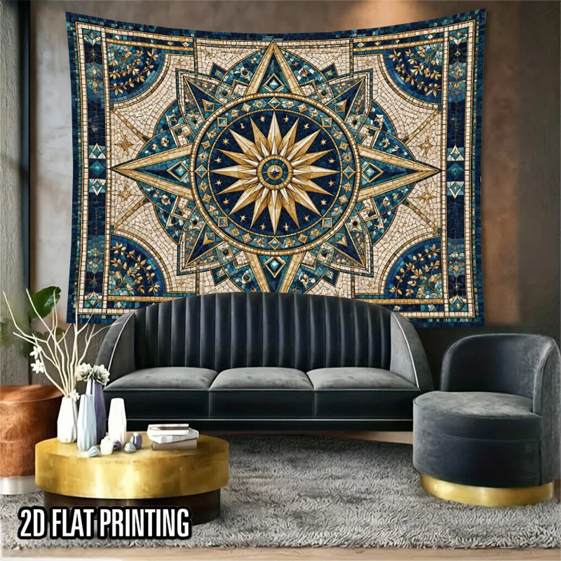 Blue Mandala Tapestry Moroccan Mosaic Wall Art Geometric Boho Boho Decor Hanging Fabric Print Large Decorative Room Accent