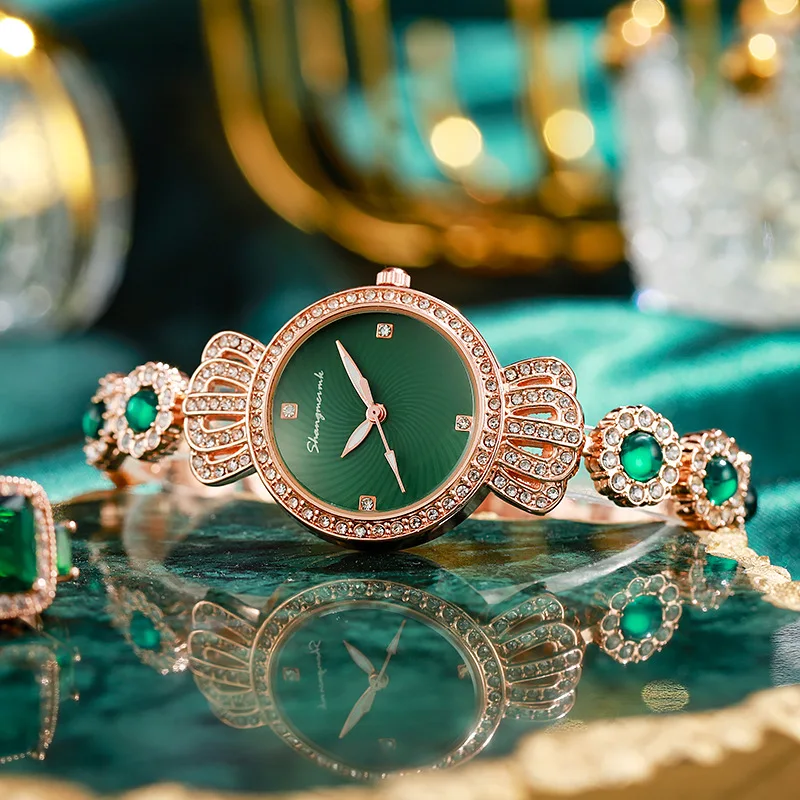 

New High-End Luxury Women's Crown Watch Embedded with Colorful Tourmalines Diamonds and An Circular Shaped Mother of Pearl Dial