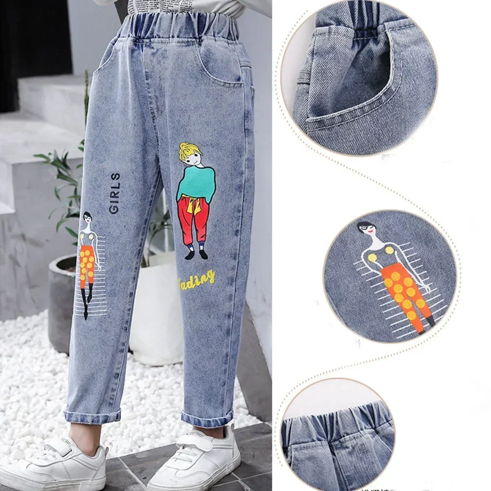 Girls Jeans Kids Cartoon Print Elastic Waist Denim Pant 2024 Spring Fall 3 To 12Yrs Teenagers Trousers Children\'s Cotton Clothes