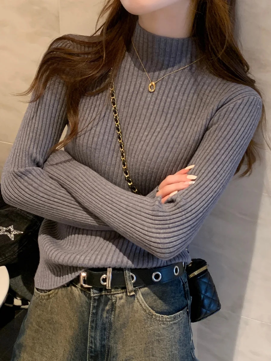 

2026 Повседневная водолазка с длинными рукавами, теплый базовый шикарный свитер, осень-зима, женские пуловеры, вязаные джемперы, однотонный тонкий базовый топ