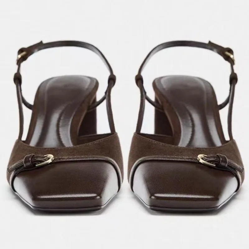 2026 Spring New Block Heel Square Toe Women's Shoes Retro Style One Buckle Strap Spliced Sandals
