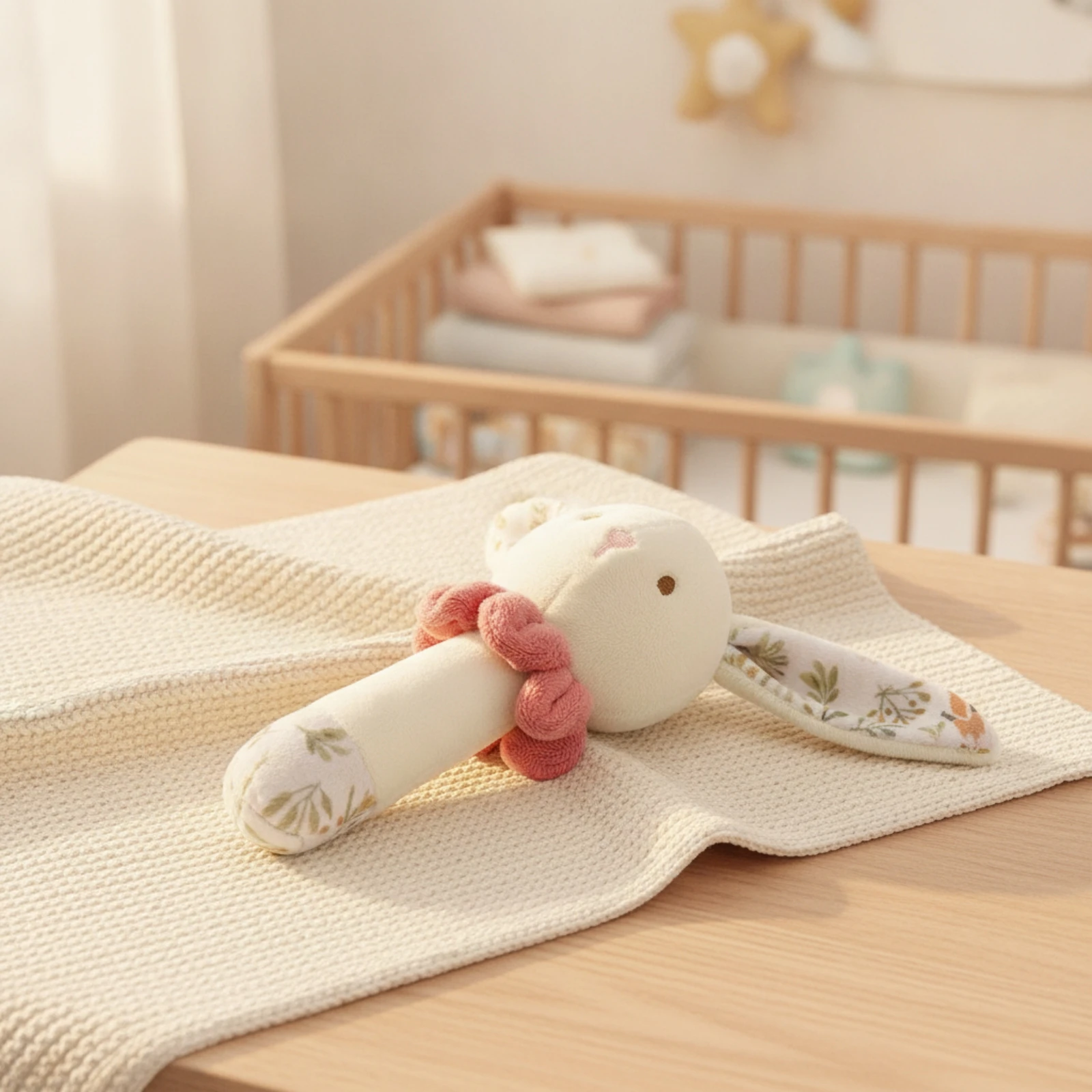 Baby Rattle Teether Toy Lightweight Rabbit Rattle with Bell Sensory Cute for Babies, Stroller, Crib