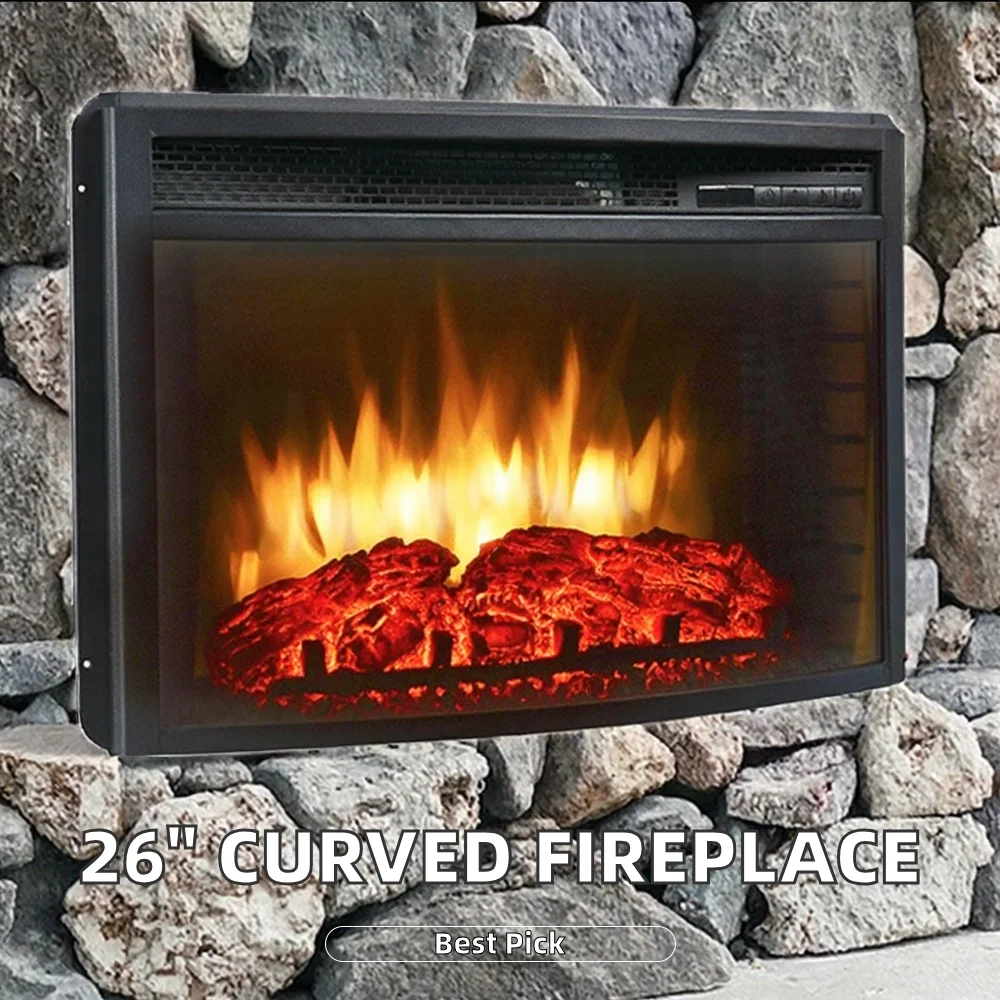 26 Inch Curved Front Insert Built-In LED Flame Electric Fireplace Overheating Protection Metal Construction Remote Controlled