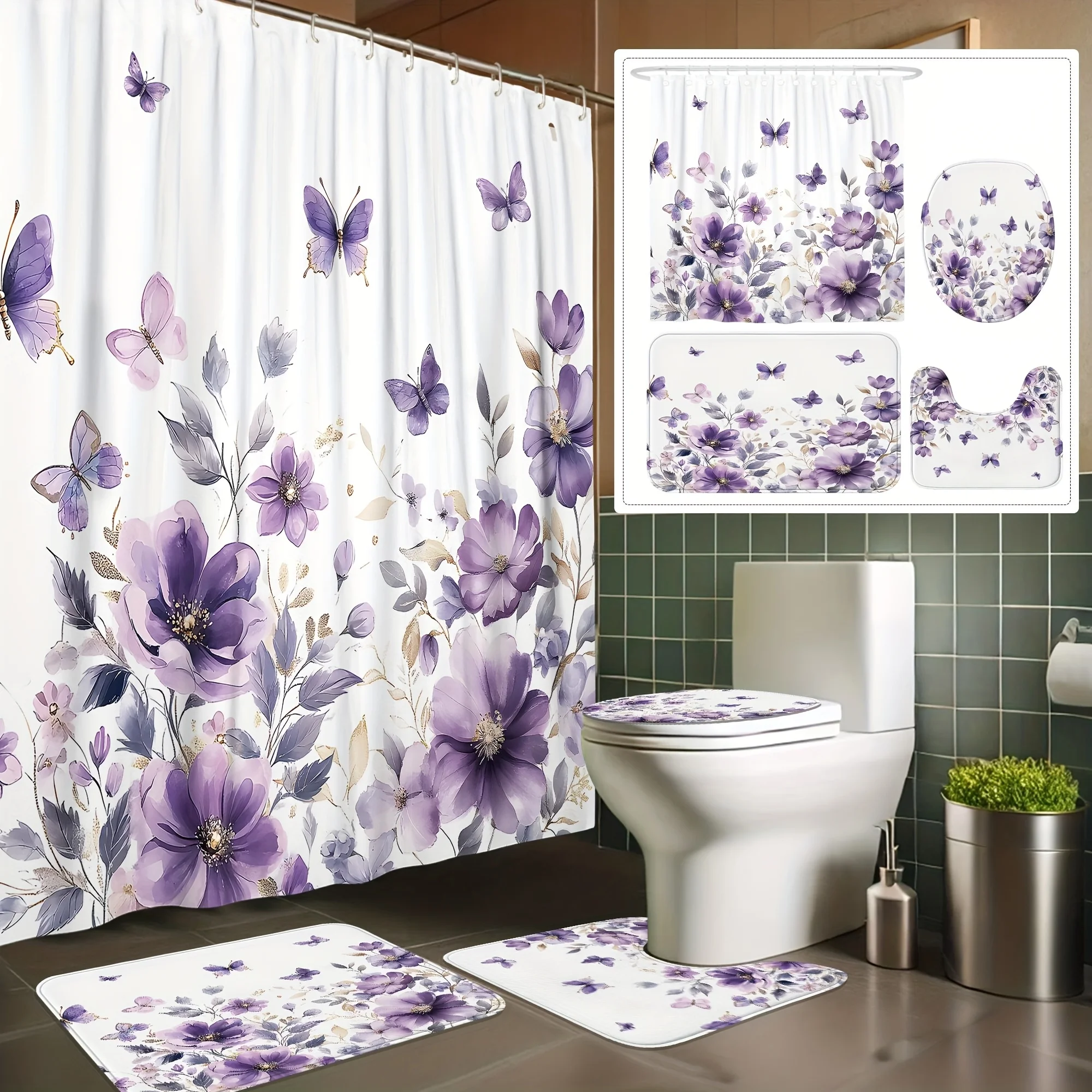 

Набор для ванной комнаты весенней тематики из 4 предметов с цветочным принтом, бабочками и лавандой, нескользящим ковриком и U-образным сиденьем для унитаза.