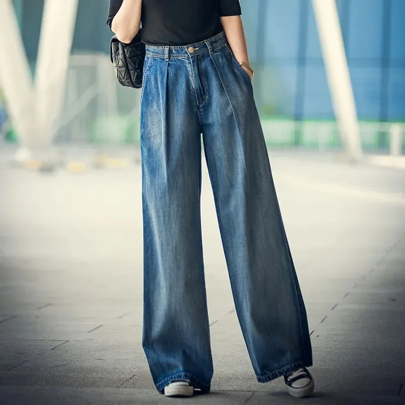 Women\'s Oversize Elastic High Waist Wide Leg Jeans Autumn Women Vintage High Quality Casual Baggy JeansWash Straight Trousers