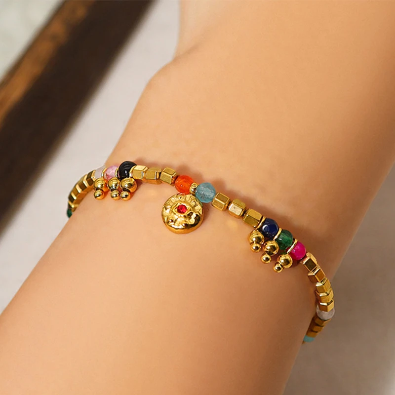 

PAPERPLUS Gold Color Stainless Steel Bracelet for Women with Natural Stone Charms 21cm European American Retro Style Jewelry