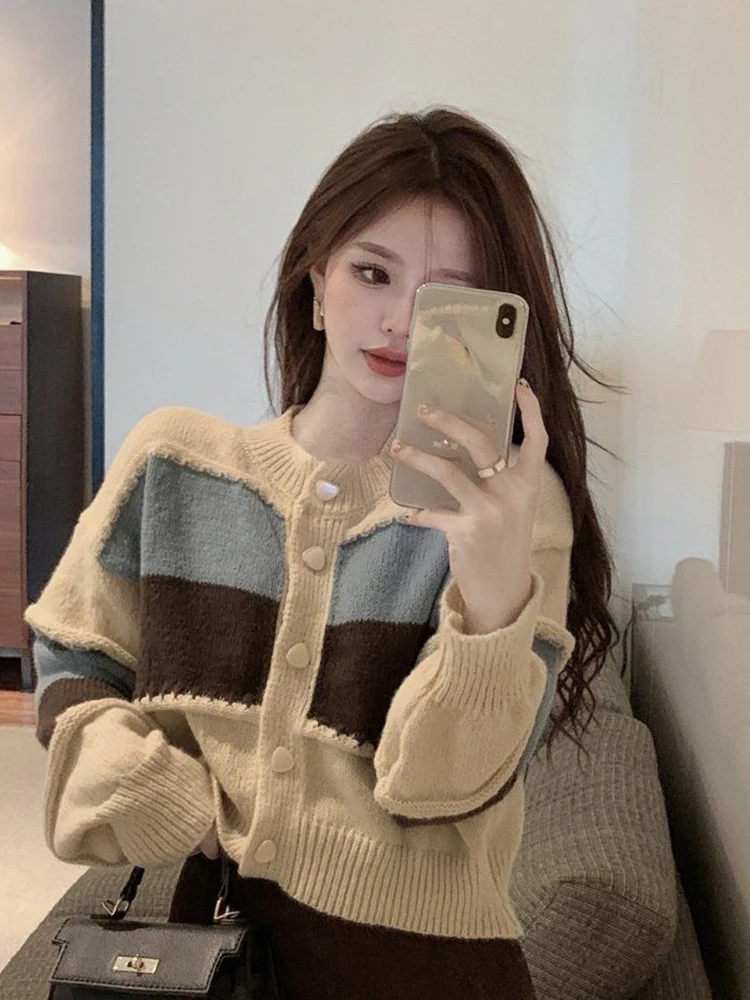 

Zoki Striped Vintage Women Sweet Cardigan Sweaters Long Sleeve Loose Korean Elegant Knitted Coat Casual O Neck Apricot Tops New