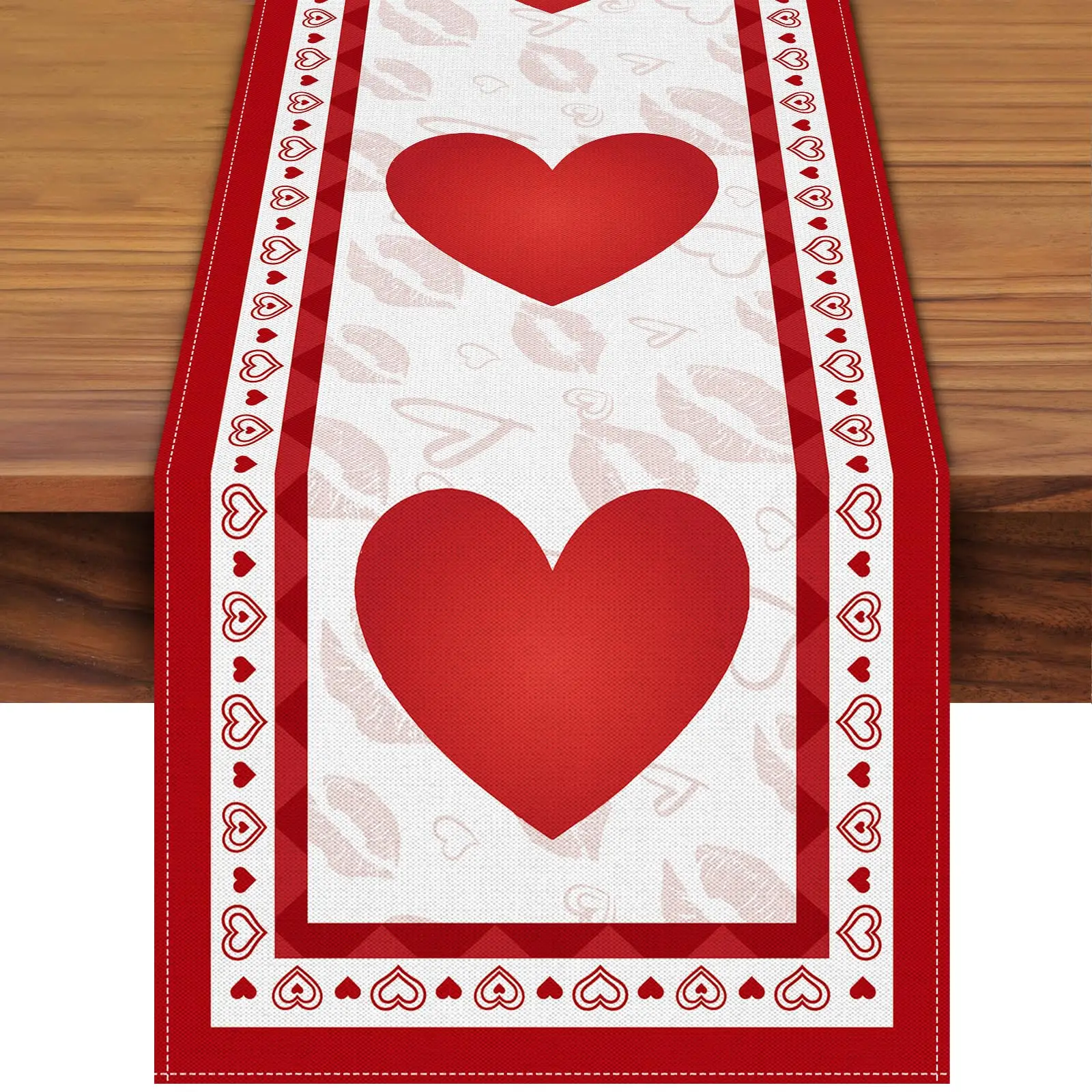 

Valentine's Day Heart Table Runner | Red Linen Burlap for Anniversary Engagement Kitchen Fireplace Decor (Flat Print)