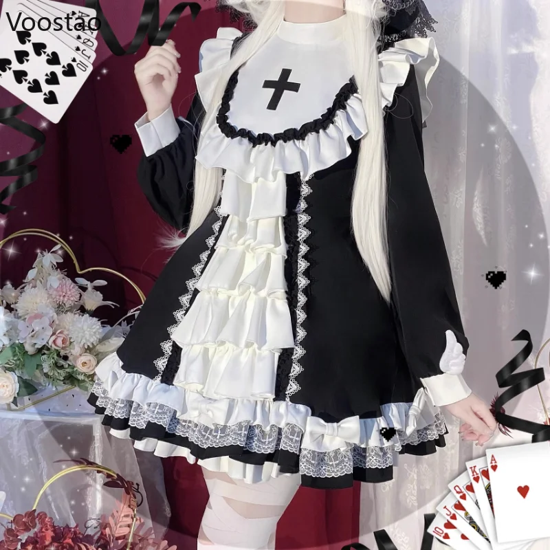 Robe Lolita OP Gothique Japonaise pour Femme, Broderie Croisée Victorienne, Volants, Cosplay, Robe de Femme de Chambre de Sorcière, Robe de Soirée Douce pour Bol, 2023