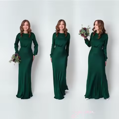 Dark Green Silk Long Dress Bridesmaid Dress Wedding Guest Dress Evening Dress Long Sleeves Dress Bridal Party Attire Plus Size
