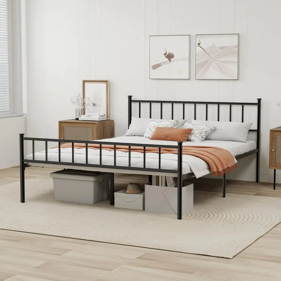 Platform Full Bed Frame with Headboard Sturdy Steel Slats Support No Box Spring Needed Easy Assembly Black