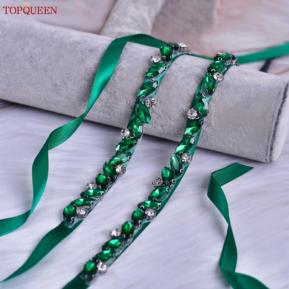 

TOPQUEEN Green Belt Bridal Satin Crystal Belt Wedding Accessories Wedding Dress Belt Ribbon Waistband Sash for Evening Prom S149