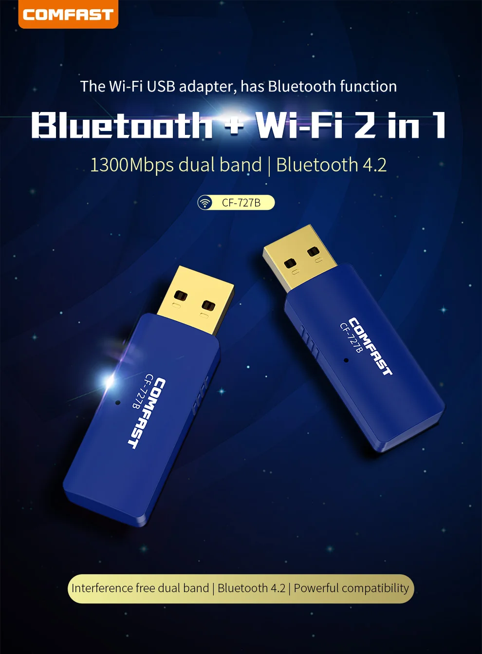 Comfast 150/1300Mbps WiFi USB Adaptador Bluetooth 4.2 Tarjeta de red de PC 2G y 5G WiFi Antena WIFI Stick