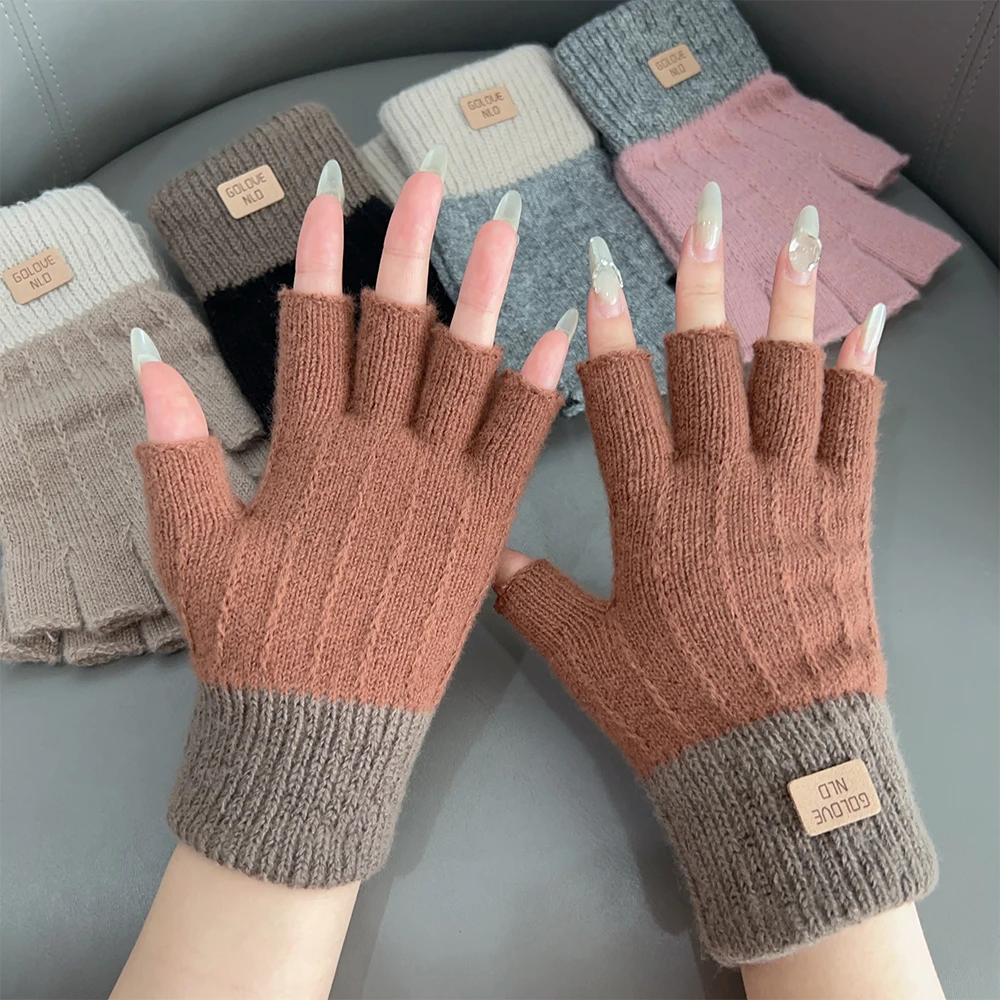 Winter Knitted Fingerless Gloves Half Finger Touchscreen Knitted Thicken Wool Warm Label Thick Elastic Outdoor Driving Gloves