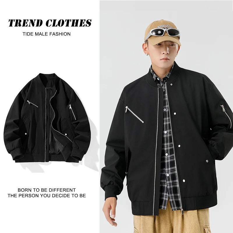 Autumn Men's Jacket Trend Solid Color Casual Coat Korean Fashion Zipper Street Punk Jacket Windproof Wear-resistant Jacket M-8XL