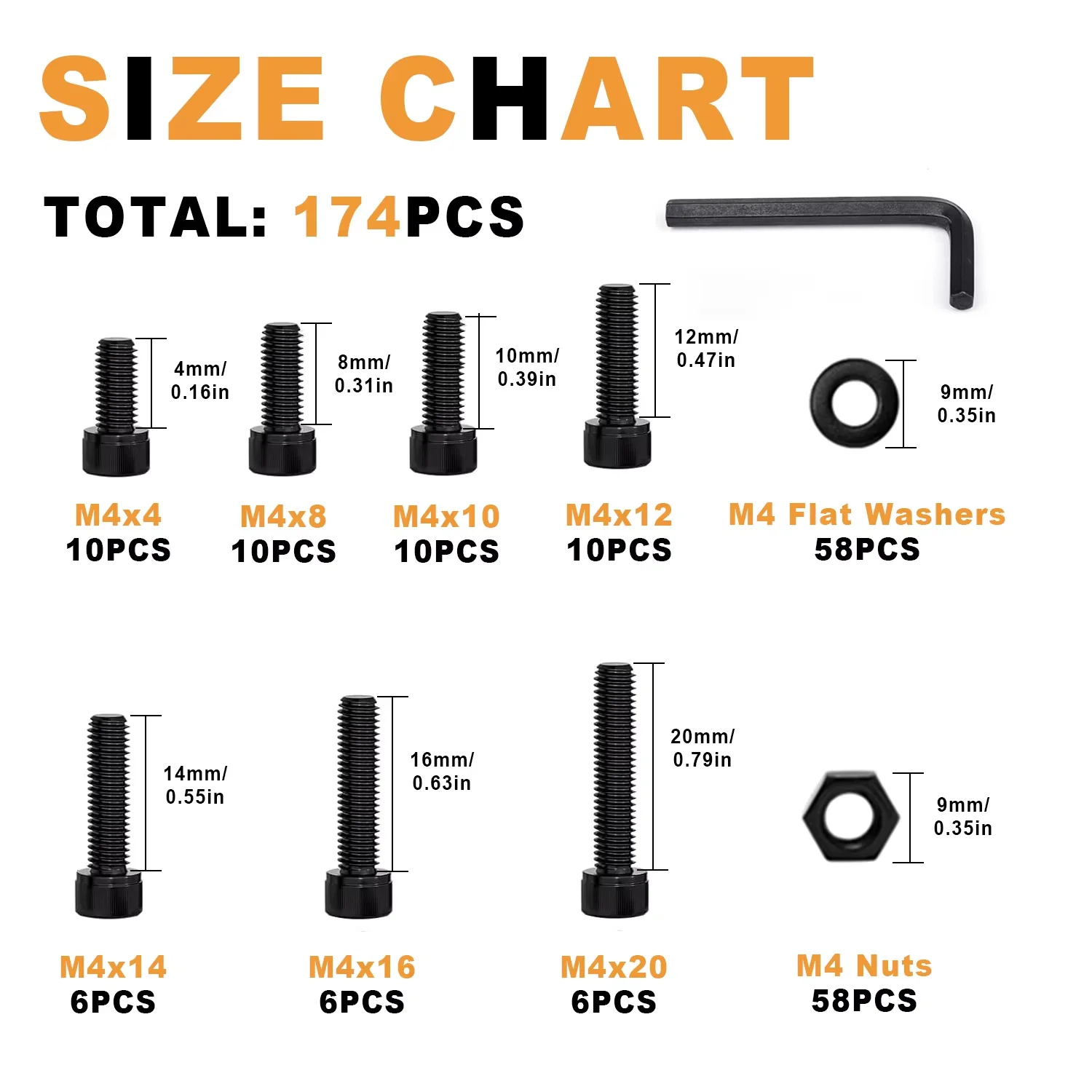 Black Cup Head Hexagon Bolt, M4 x 4/8/10/12/14/16/20mm Hexagon Head Screw Washer, Nut Set, Allen Sleeve Drive -174 Pieces