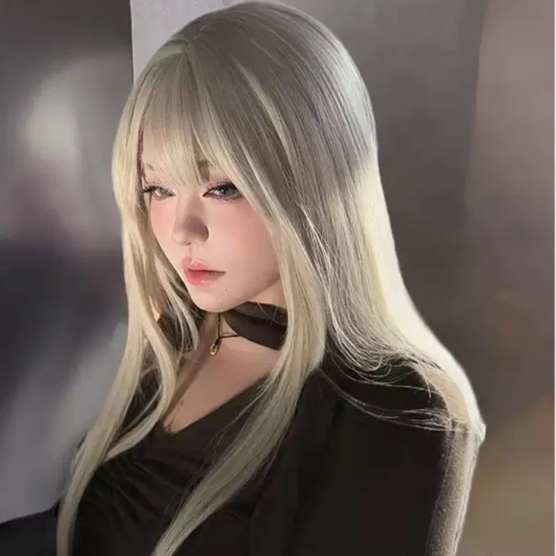 Synthetic Full‑Head Long Straight Wig,Milk‑Grey‑Green with Bangs,Fashion Cosplay Wig for Theme Party Role‑Play Evening Occasions