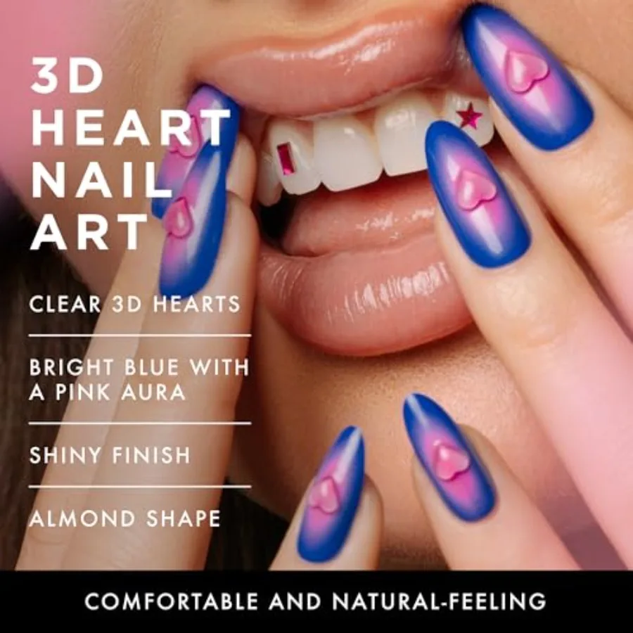 3D-Nägel zum Aufdrücken mit Herzanhänger-Design in Blau und Rosa für elegante Gel-Kunst, perfekt für besondere Anlässe, den täglichen Gebrauch oder