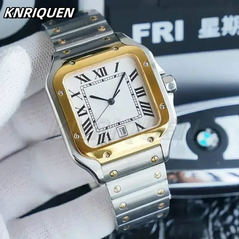 Knrlquen New Men Women Watch Automatic Mechanical Rose Gold Fashion Square Stainless Steel Casual Watches Black White Blue Rome