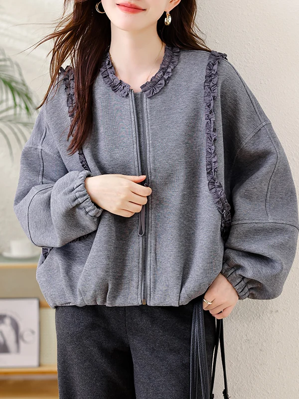 Faionable لصق ort Jaet المرأة فضفاضة تناسب الخريف 2025 حجم كبير البلوز زخرفة خشبية ملابس خارجية للسيدات