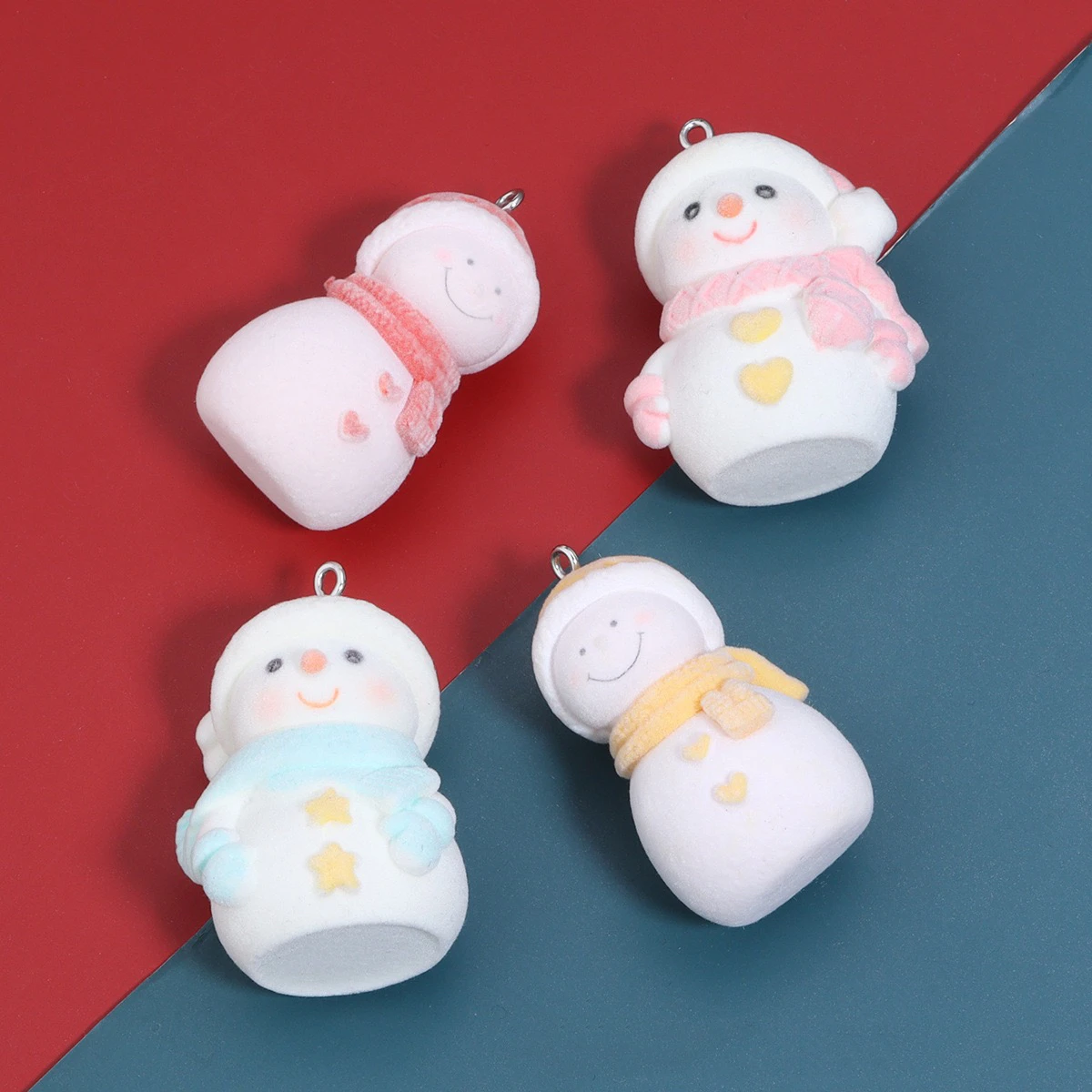 4pcs 3D Cartoon cute snowman Charms flocking Resin Pendant For Making DIY jewelry keychain bag Handmade Accessories Supplies