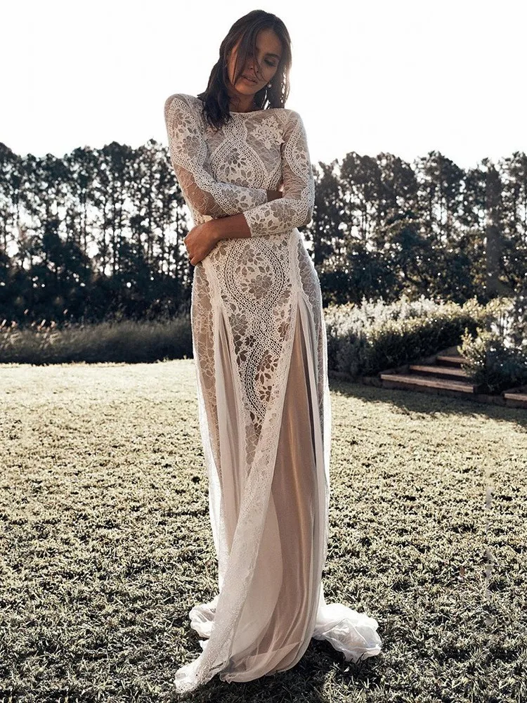 Ausländischen Stil Abendkleid Frau Sexy Spitze Patchwork Backless Brautkleider Damen Elegante Lange Ärmel Party Prom Vestidos