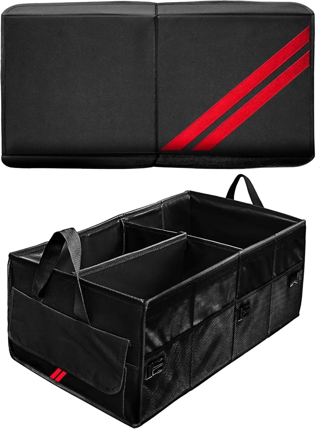

Car trunk organizer for Dodge Charger Durango Challenger Ram, foldable storage box with 2 compartments and a sturdy base.