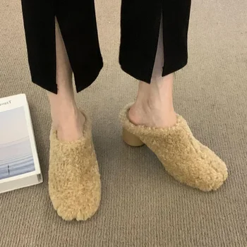 여성용 하이힐 모피 슬리퍼, 청키 뮬 신발, 신상 디자이너 봉제 쪼리 파티, 섹시한 코튼 펌프스, 겨울