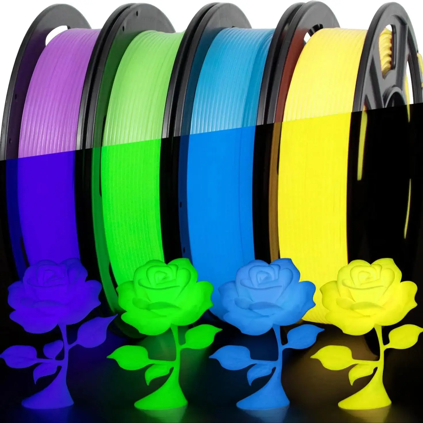 

Glow in The Dark TPU 3D Printer Filament Bundle, 1.75mm 95A TPU, Blue,Green,Yellow,Purple 250g*4 Pack.