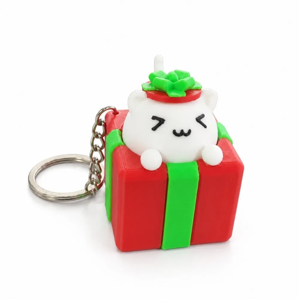 3D Printed Christmas Clicker Keychain Cute Cat Button Press Key Ring Kawaii Style Gift Box Shape Fidget Bag Cat Keychain Kids