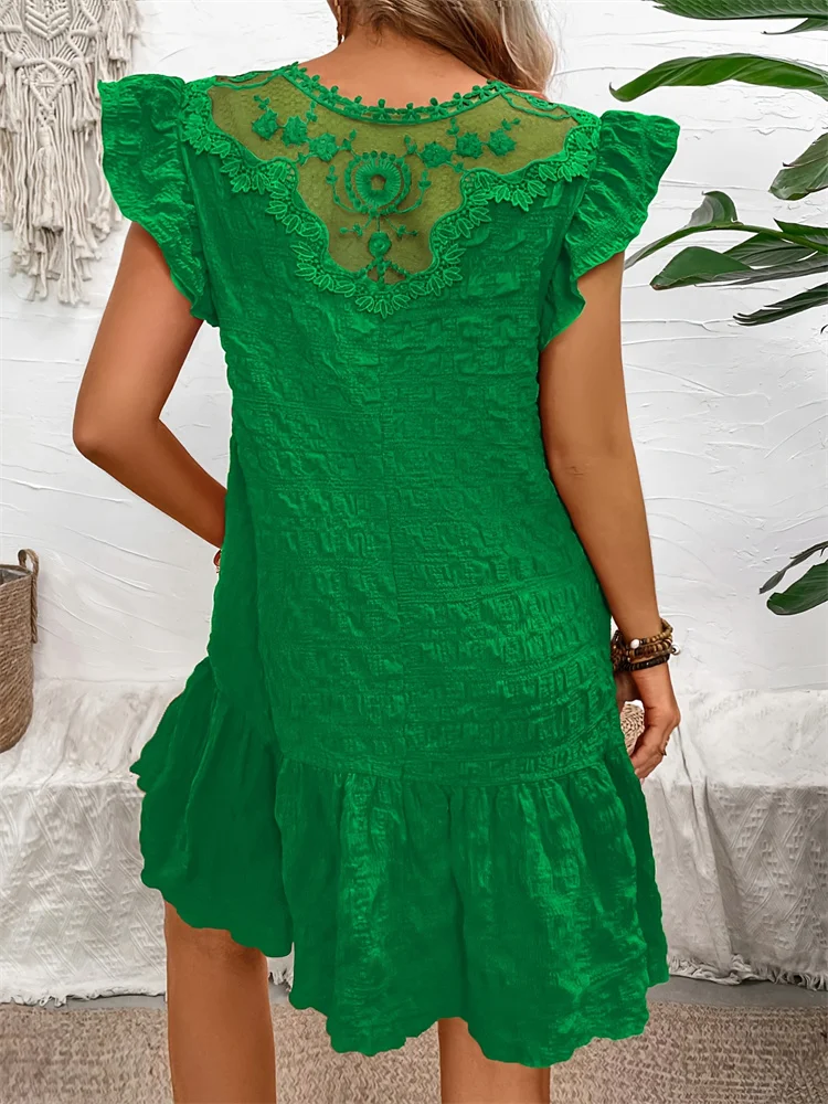 Fashion Summer Dresses Lace Loose 2024 Spring Summer Elegant Casual Round Neck Ruffle Trimmed Decorated Dress Vestido Female