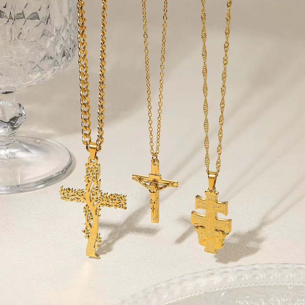 Edelstahl Kreuz Halskette Für Frauen Männer Gold Farbe HipHop Paar Jesus Christus Kreuz Anhänger Halsketten Kette Mode Schmuck