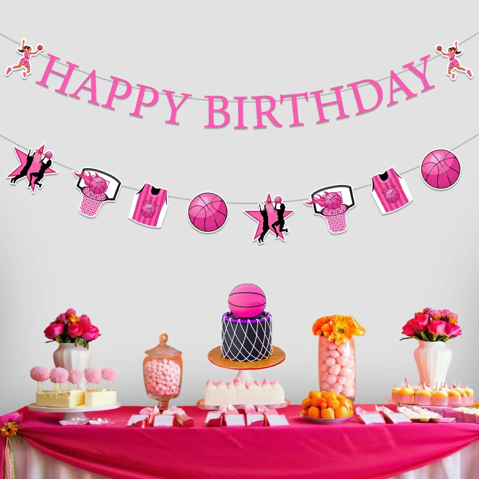 Cheereveal Pink Basketball Decoraciones para fiesta de cumpleaños, pancarta temática y guirnaldas para niñas negras