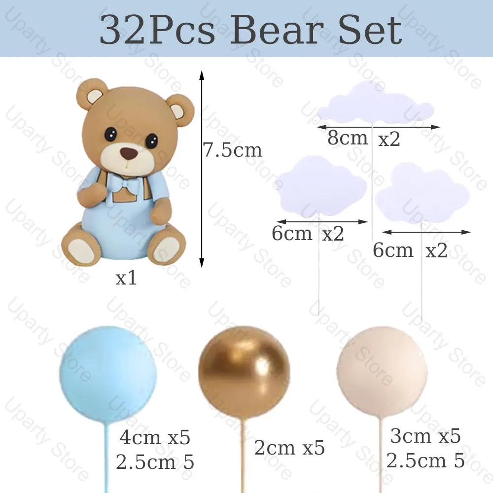 32Pcs Bear Cake Toppers Blue Pink Cake Balls Brown Bear Cake Decorations for Baby Shower 1st Birthday Party Cake Decor Favor