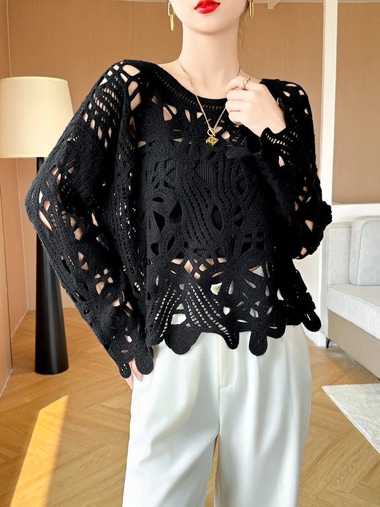New Arrivals Women's Pullover Knitted Openwork Embroidery Crew Neck 100% Cashmere 2025 Loose Outerwear Layering