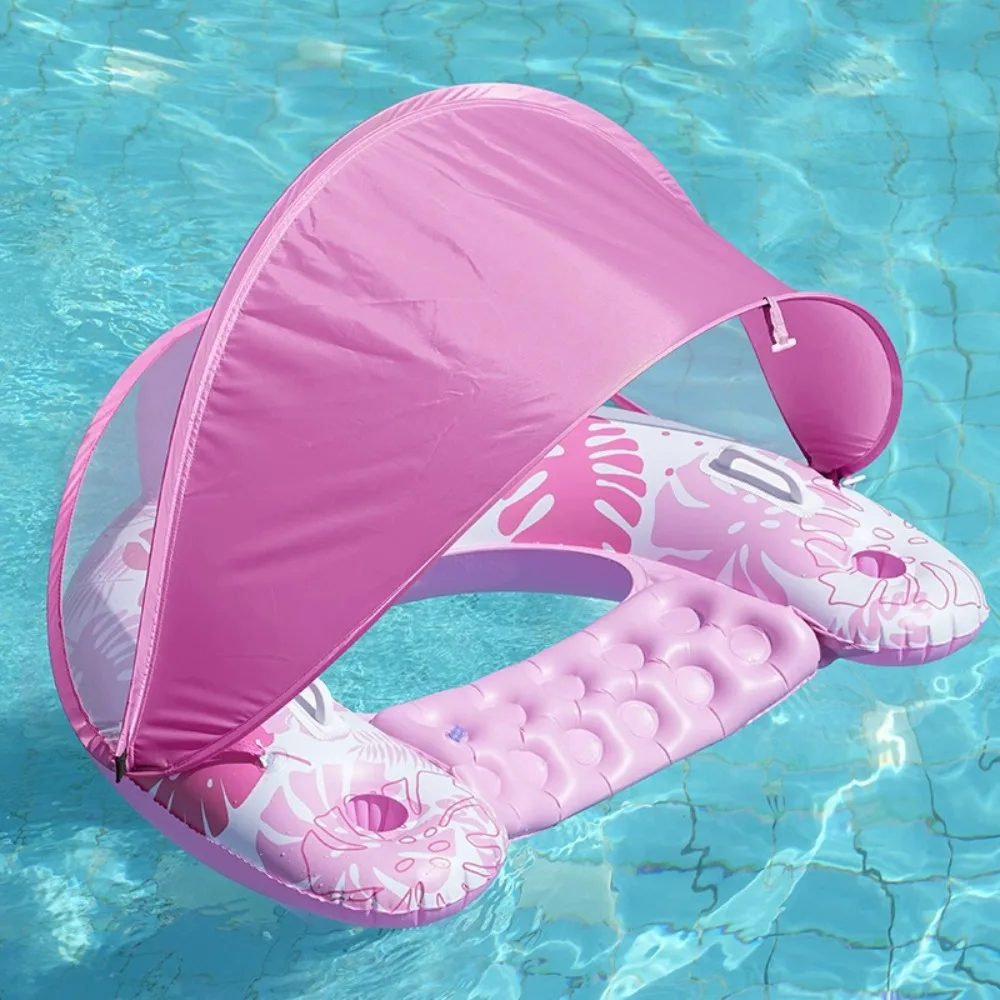 

U Shape Floating Lounge Chair with Sun Shade, Adult Pool Hammock Floating Bed with Headrest & Drink Holder for Adults