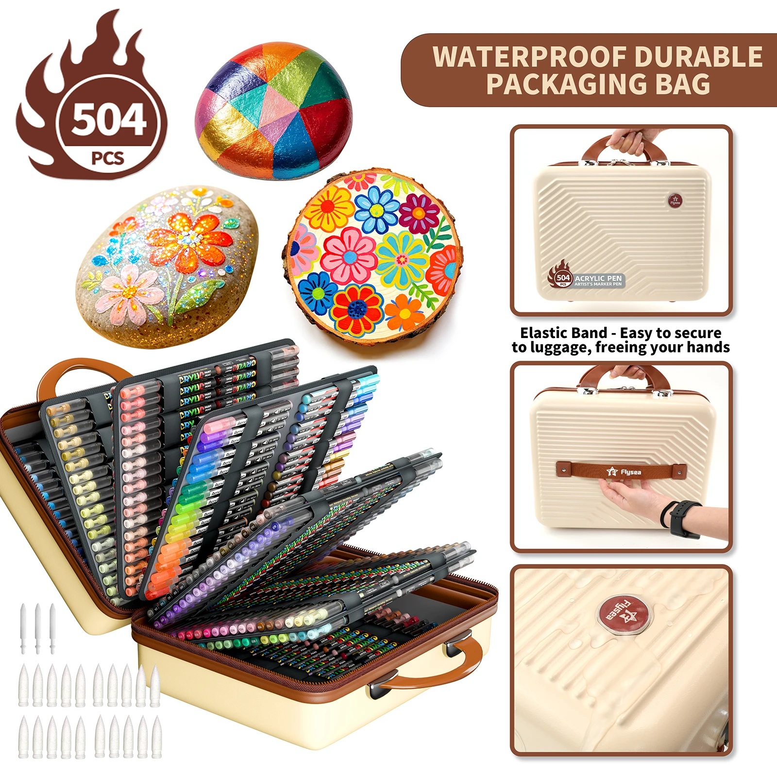 Flysea Brand Marker Pens, 504-Color Suitcase Set of Acrylic Paint Markers, Multi-Color Pens for Drawing, Graffiti, Writing, Journaling, and Marking, with Smooth Ink Flow, Comprehensive Color Assortment, Stackable Colors, Strong Coverage, Felt-Tip Pen Stationery Set, Suitable for Canvas, Rock Painting, Wood, Stone, Glass, Ceramics, Fabric Painting, DIY Crafts, and Back-To-School Supplies