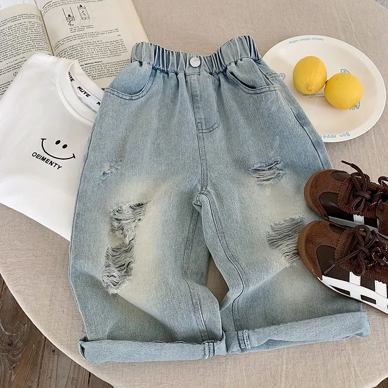 

Jeans 2025 New Fashion Hole Children's Clothing Boys Korean Versatile Straight Pants