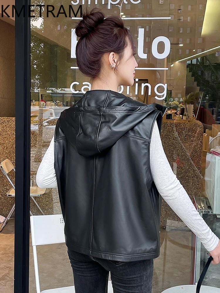 100% Top Layer Sheepskin Waistcoat Woman Casual Sleeveless Real Leather Jacket with Hood Fall Clothes 2025 Women veste femme