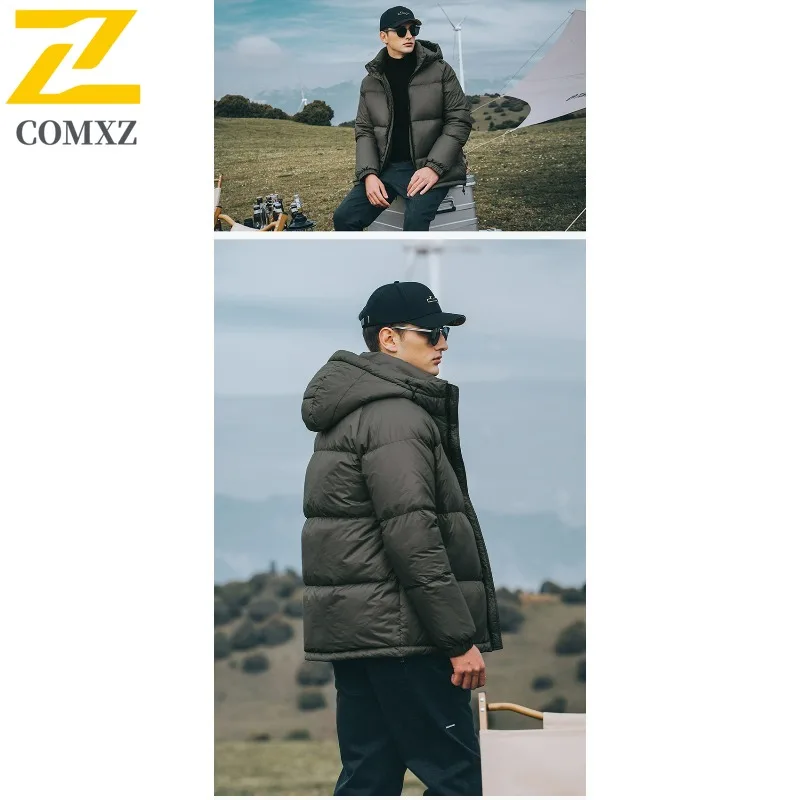 COMXZ Men's Down Jacket 2025 Solid Color Cold-Resistant Casual Sporty Skiing Parker Coat Urban Hooded Comfortable Padding Coat