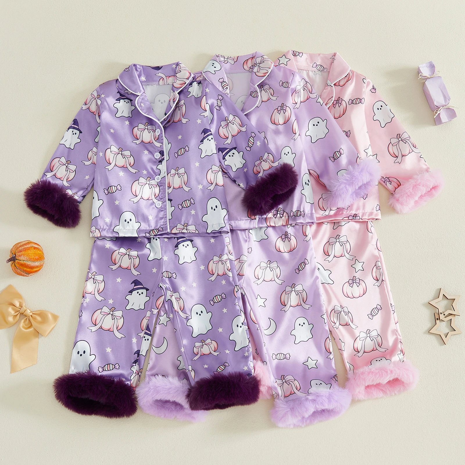 1-5Y Toddler Baby Girls Stain Halloween Pajamas Sets Long Sleeve Satin Tops with Pants Cute Kids Sleepwear Homewear Pj Set